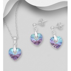 Ensemble boucles d'oreilles et pendentif cœur argent 925 avec pendentif orné de cristaux Swarovski de divers couleurs