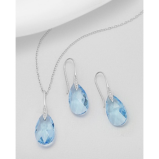 Ensemble boucles d'oreilles et pendentif argent 925 CZ et de cristaux Swarovski aigue-marine