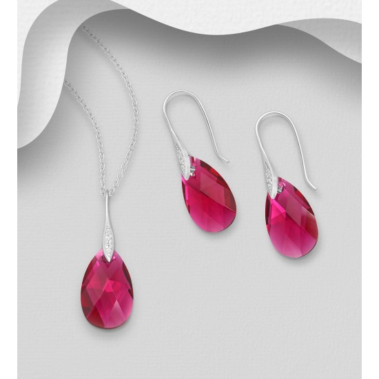 Ensemble boucles d'oreilles et pendentif argent 925 CZ et de cristaux Swarovski rubis