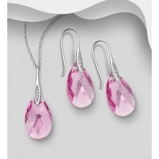 Ensemble boucles d'oreilles et pendentif argent 925 CZ et de cristaux Swarovski Rose