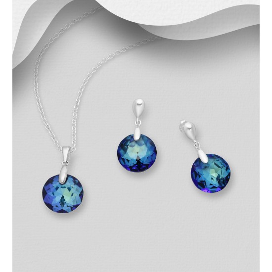Ensemble boucles d'oreilles et pendentif argent 925 avec pendentif orné de cristaux Swarovski bleu des Bermudes