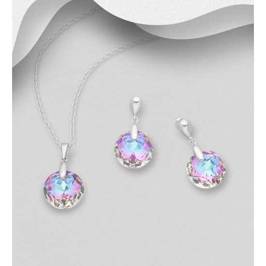 Ensemble boucles d'oreilles et pendentif argent 925 avec pendentif orné de cristaux Swarovski vitrail