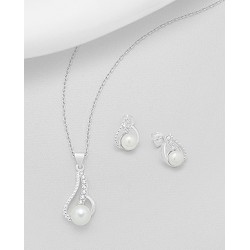 Ensemble boucles d'oreilles et pendentif  argent 925 ornés de perles d'eau douce CZ