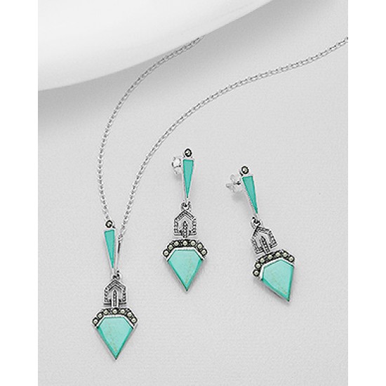 Ensemble de boucles d'oreilles et pendentif argent 925 ornés de marcassite et de turquoise reconstituée