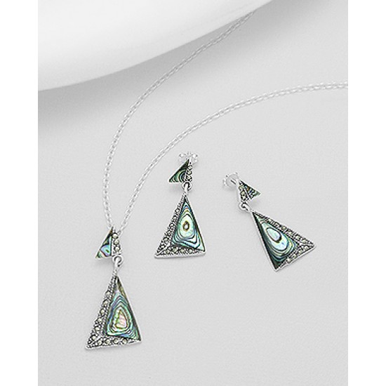 Ensemble boucles d'oreilles et pendentif triangulaires  argent 925 décorés de marcassite et d'abalone