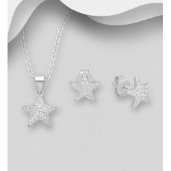 Ensemble  boucles d'oreilles et pendentif étoile argent 925 avec diamants simulés CZ