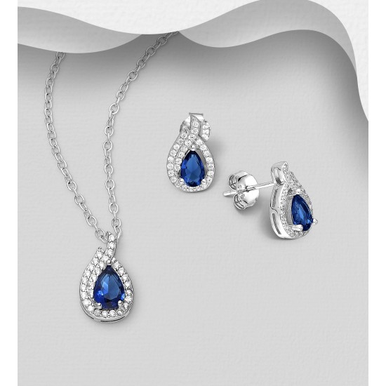 Ensemble boucles d'oreilles et pendentif  gouttelettes  push-back en argent 925, avec diamants simulés CZ bleu