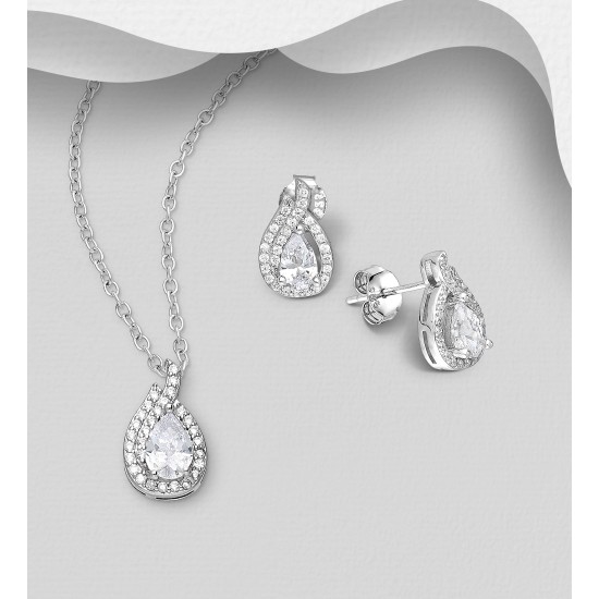Ensemble boucles d'oreilles et pendentif  gouttelettes  push-back en argent 925, avec diamants simulés CZ blanc