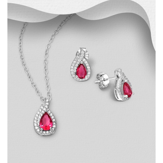 Ensemble boucles d'oreilles et pendentif  gouttelettes  push-back en argent 925, avec diamants simulés CZ rouge