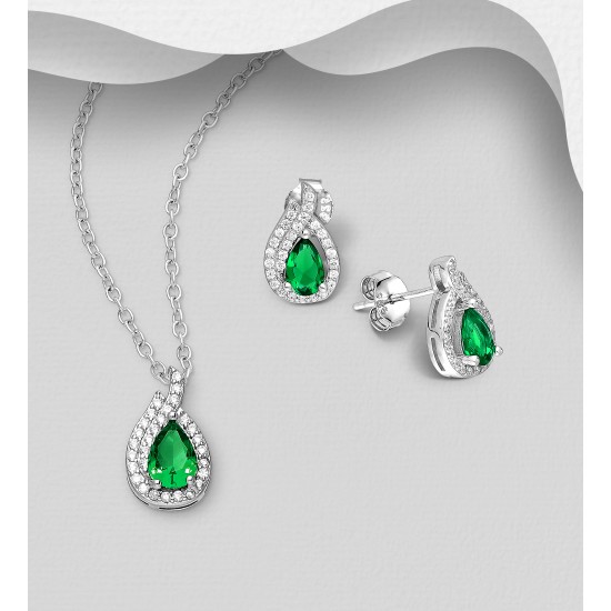 Ensemble boucles d'oreilles et pendentif  gouttelettes  push-back en argent 925, avec diamants simulés CZ vert