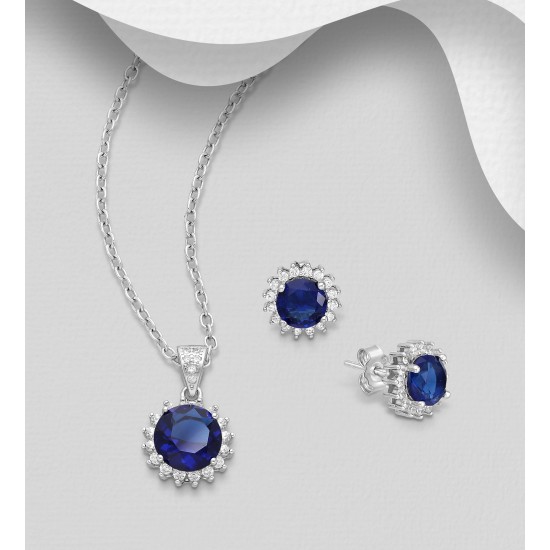 Ensemble boucles d'oreilles et pendentif  halo push-back en argent 925, avec diamants simulés CZ bleu