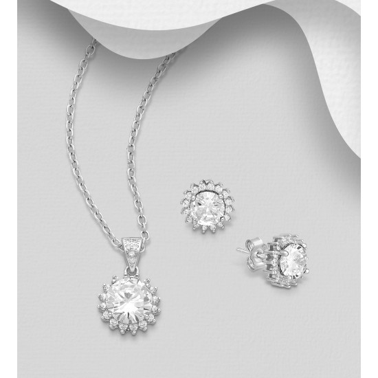Ensemble boucles d'oreilles et pendentif  halo push-back en argent 925, avec diamants simulés CZ blanc