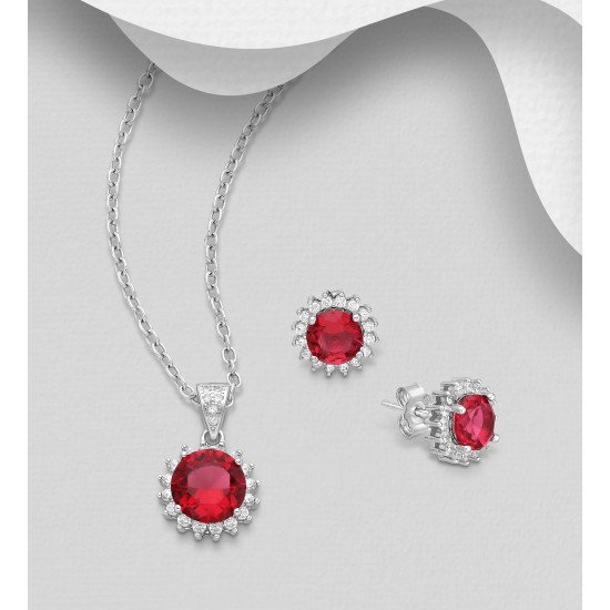 Ensemble boucles d'oreilles et pendentif  halo push-back en argent 925, avec diamants simulés CZ rouge