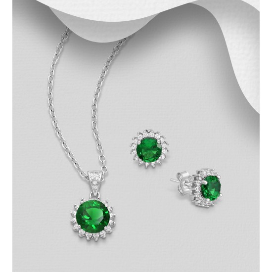 Ensemble boucles d'oreilles et pendentif  halo push-back en argent 925, avec diamants simulés CZ vert