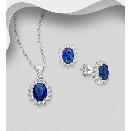 Ensemble boucles d'oreilles et pendentif  ovale push-back en argent 925, avec diamants simulés CZ bleu