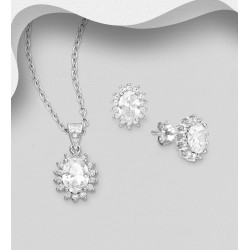 Ensemble boucles d'oreilles et pendentif ovale argent 925, avec diamants simulés CZ colorés