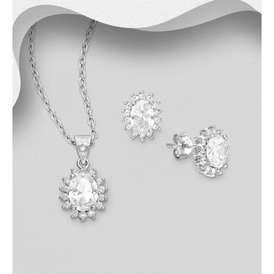 Ensemble boucles d'oreilles et pendentif  ovale push-back en argent 925, avec diamants simulés CZ blanc