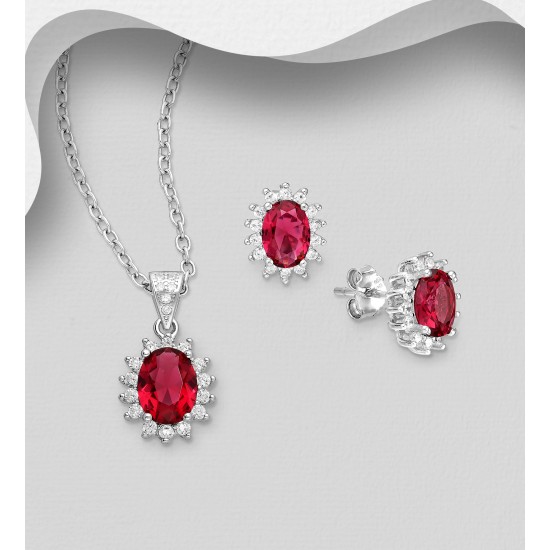 Ensemble boucles d'oreilles et pendentif  ovale push-back en argent 925, avec diamants simulés CZ rouge