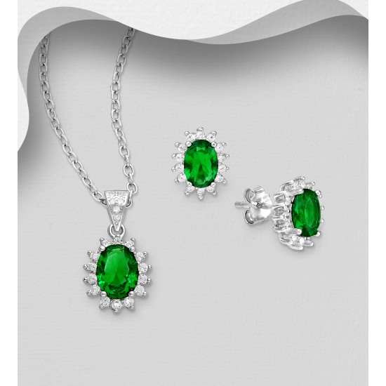 Ensemble boucles d'oreilles et pendentif  ovale push-back en argent 925, avec diamants simulés CZ vert