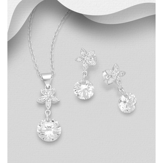 Ensemble de boucles d'oreilles et pendentif fleur en argent 925, décorés de diamants simulés CZ 