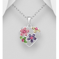  Pendentif fleur et cœur argent 925, orné de verre cristal coloré 