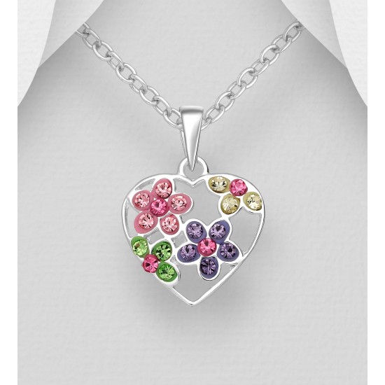  Pendentif fleur et cœur argent 925, orné de verre cristal coloré 