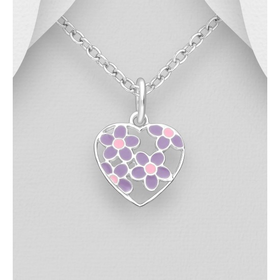 Pendentif fleur en argent 925 orné d'émail coloré Mauve