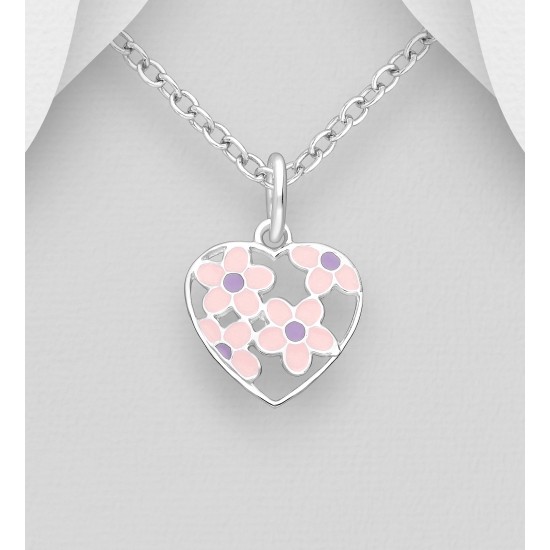 Pendentif fleur en argent 925 orné d'émail coloré Rose