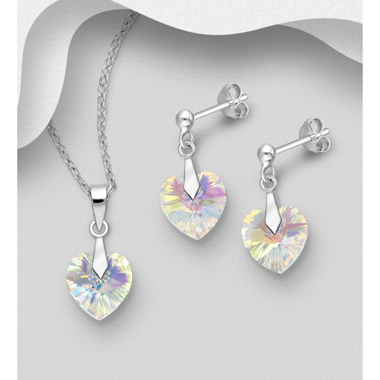 Ensemble boucles d'oreilles et pendentif coeur en argent 925 avec pendentif orné de cristaux Swarovski aurore boréale