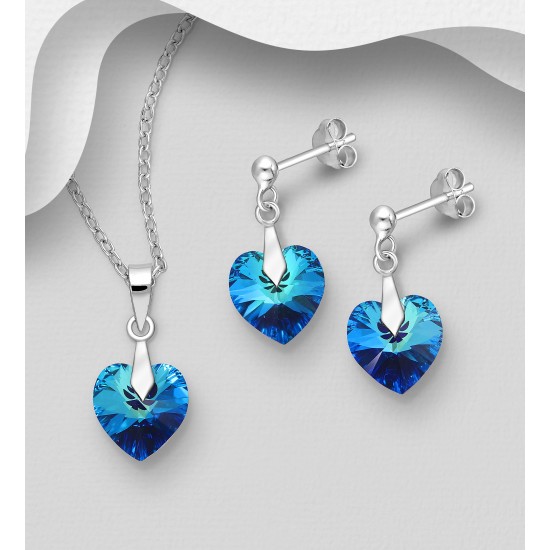 Ensemble boucles d'oreilles et pendentif coeur en argent 925 avec pendentif orné de cristaux Swarovski bleu des Bermudes