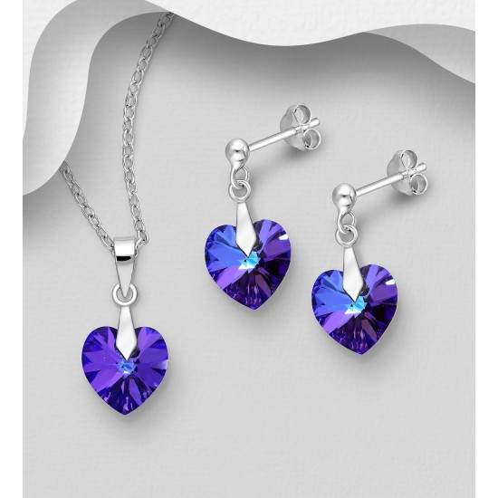 Ensemble boucles d'oreilles et pendentif coeur en argent 925 avec pendentif orné de cristaux Swarovski Améthyste