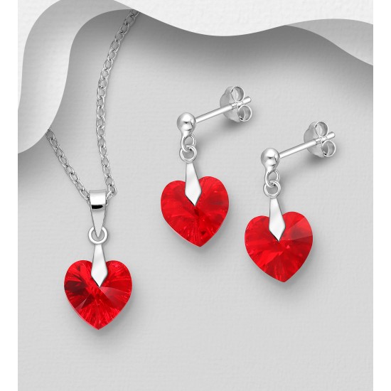 Ensemble boucles d'oreilles et pendentif coeur en argent 925 avec pendentif orné de cristaux Swarovski Rouge Ardent