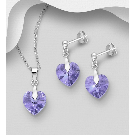 Ensemble boucles d'oreilles et pendentif coeur en argent 925 avec pendentif orné de cristaux Swarovski Tanzanite