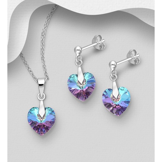 Ensemble boucles d'oreilles et pendentif coeur en argent 925 avec pendentif orné de cristaux Swarovski vitrail