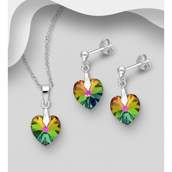 Ensemble boucles d'oreilles et pendentif coeur en argent 925 avec pendentif orné de cristaux Swarovski vitrail médium