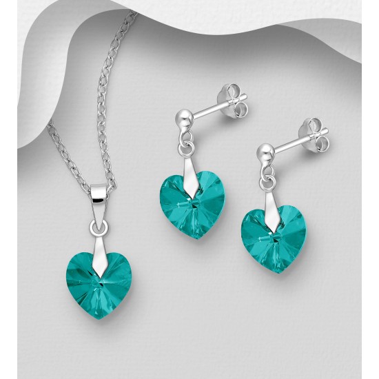 Ensemble boucles d'oreilles et pendentif coeur en argent 925 avec pendentif orné de cristaux Swarovski Zircon bleu