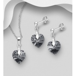 Ensemble boucles d'oreilles et pendentif coeur en argent 925 avec pendentif orné de cristaux Swarovski Nuit d'argent