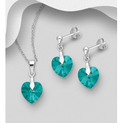 Ensemble boucles d'oreilles et pendentif coeur en argent 925 avec pendentif orné de cristaux Swarovski Zircon bleu