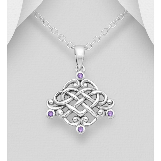 Pendentif cœur celtique oxydé argent 925, décoré d'améthystes