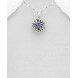 Pendentif argent 925, décoré d'améthyste et de péridots 