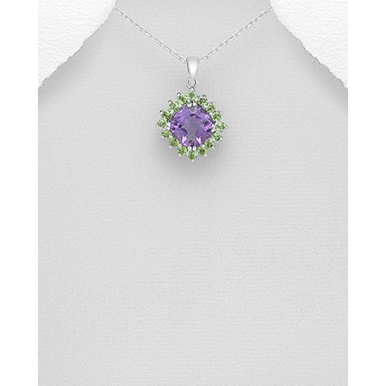 Pendentif argent 925, décoré d'améthyste et de péridots 