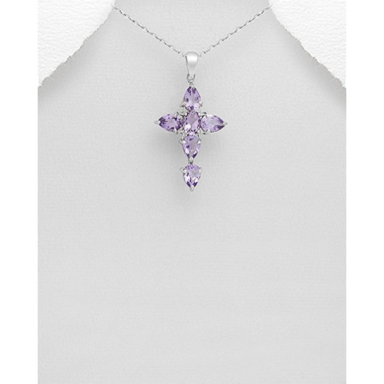 Pendentif croix argent 925 orné d'améthyste