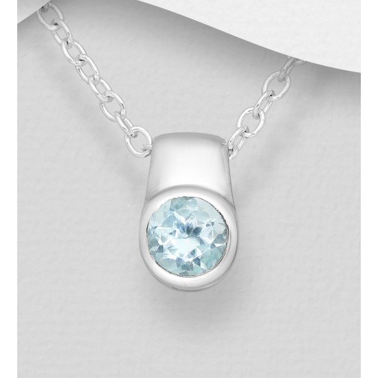 Pendentif solitaire argent 925, orné d'une Topaze bleu ciel