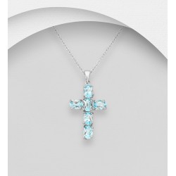 Pendentif croix argent 925, orné de Topaze blue ciel