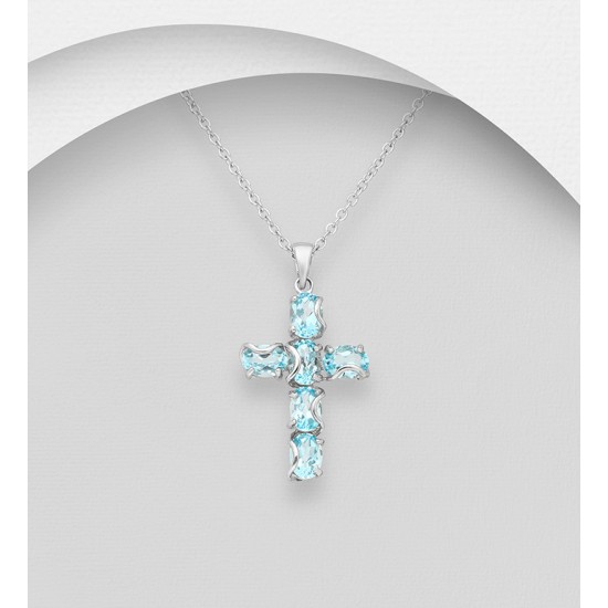 Pendentif croix argent 925, orné de Topaze blue ciel