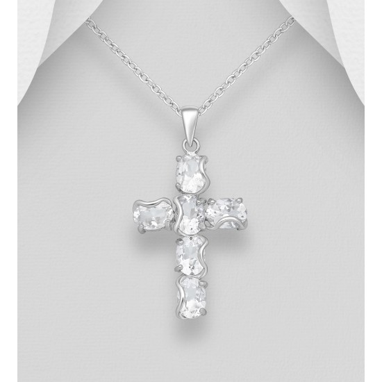 Pendentif croix argent 925, orné de Topaze blanche