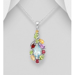 Pendentif argent 925, décoré de diverse pierres précieuses