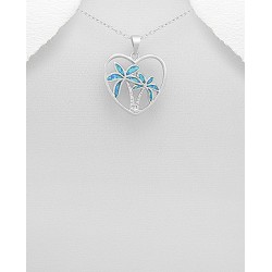 Pendentif cocotier en argent 925 décoré d'opale créée en laboratoire