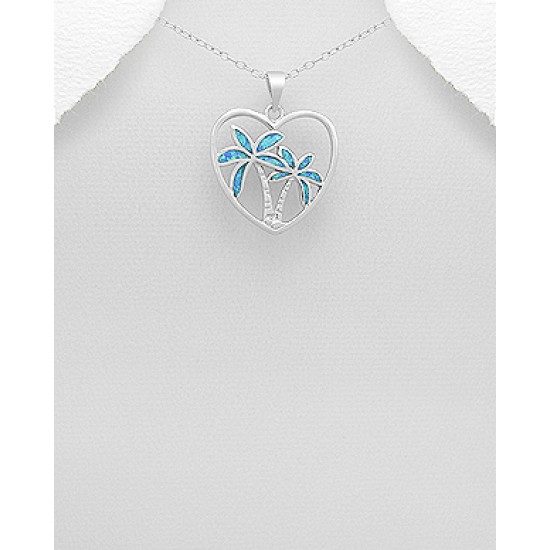 Pendentif cocotier en argent 925 décoré d'opale créée en laboratoire