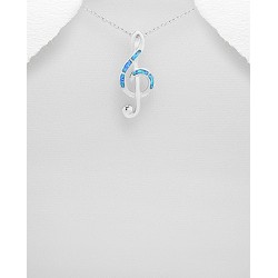 Pendentif de notes de musique en argent 925 orné d'une opale créée en laboratoire